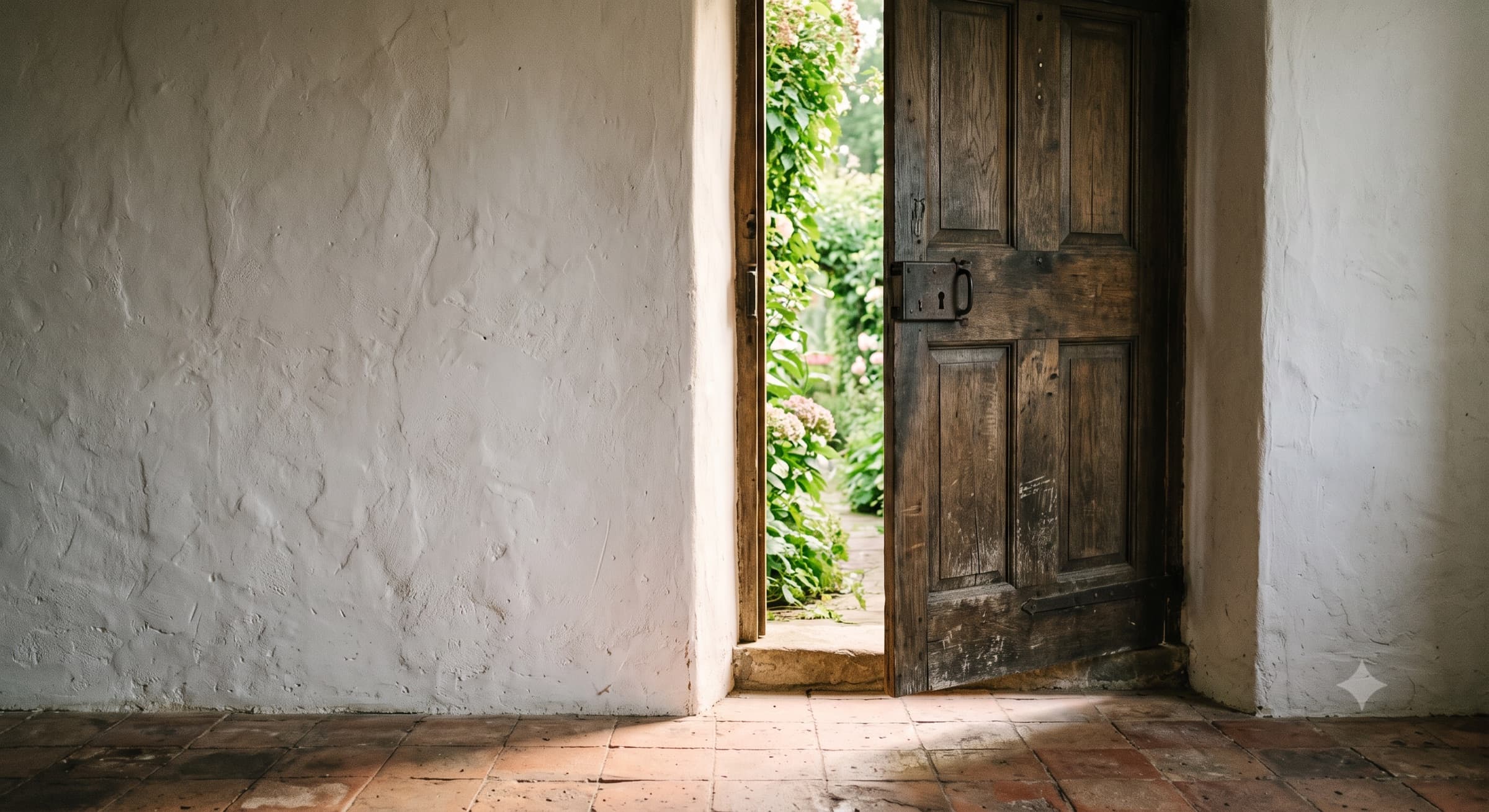A weathered farmhouse door standing slightly open, morning light falling through the gap.